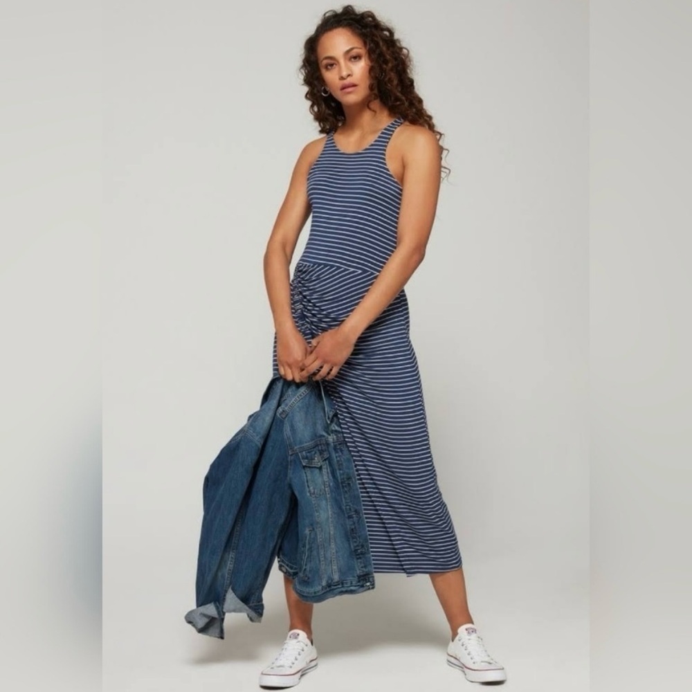 NWT Gap Navy Striped Ruched Sleeveless Midi Dress Size S Lightweight Stretch